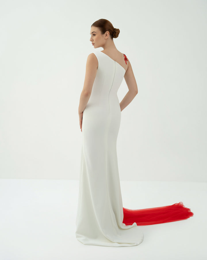 Asymmetric Embellished Gown with Tulle Train - Teresa