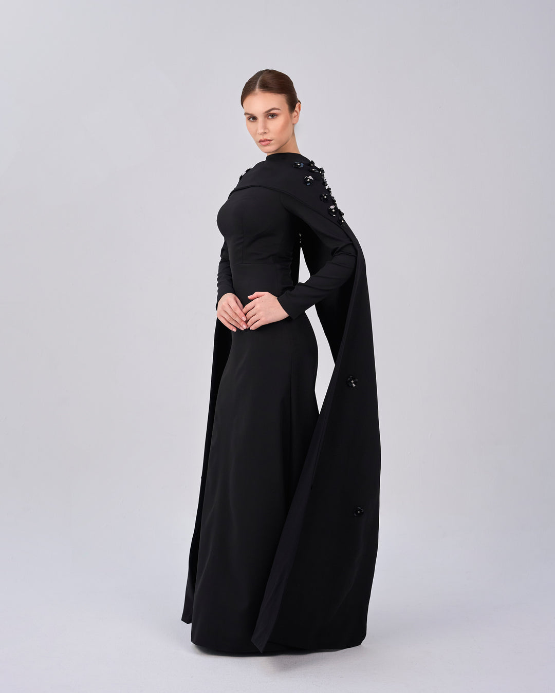 Black dress with folded neckline and flowered back cape - SIENA