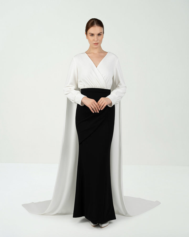 Black & white V-neckline dress with shoulder trains-Amarra