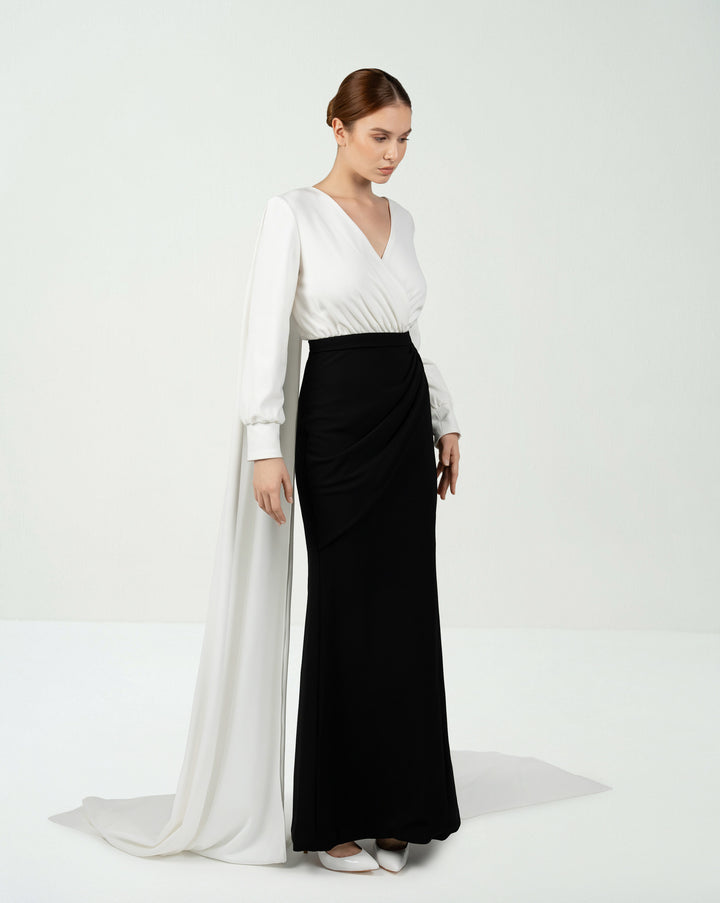 Black & white V-neckline dress with shoulder trains-Amarra