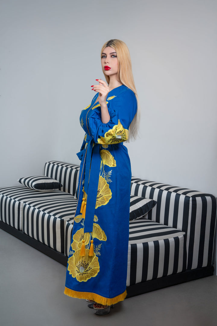 Embroidered Maxi Kaftan with Tassel Belt – AZURE