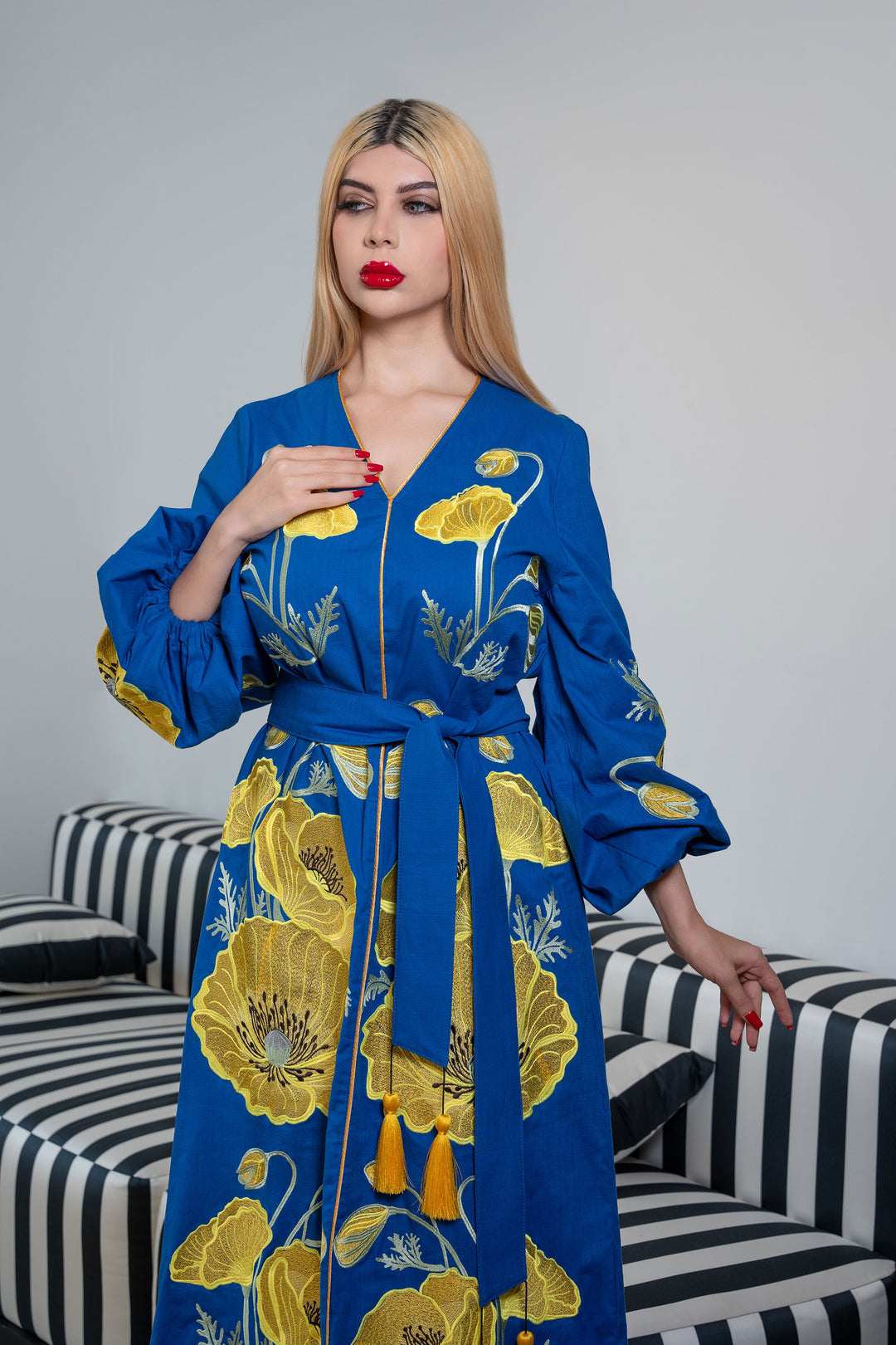 Embroidered Maxi Kaftan with Tassel Belt – AZURE
