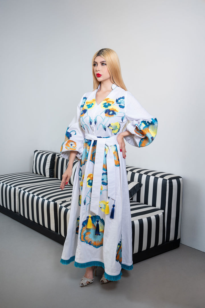 Embroidered Maxi Kaftan with Tassel Accents – BIANCA