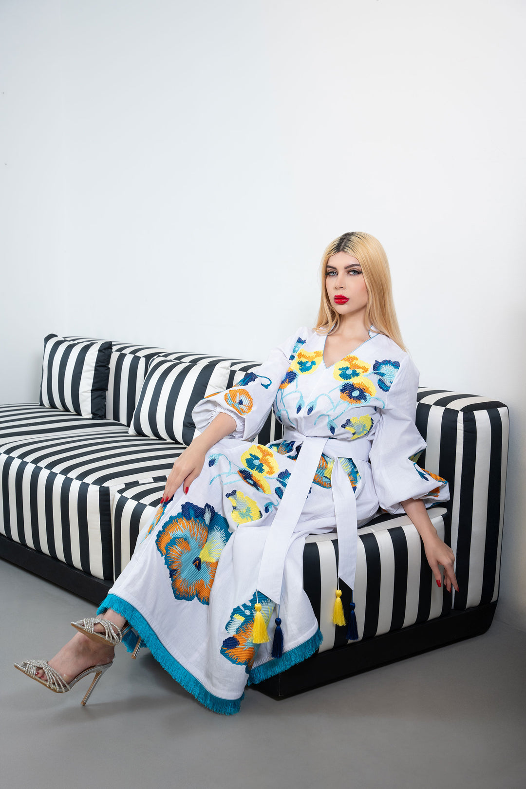 Embroidered Maxi Kaftan with Tassel Accents – BIANCA