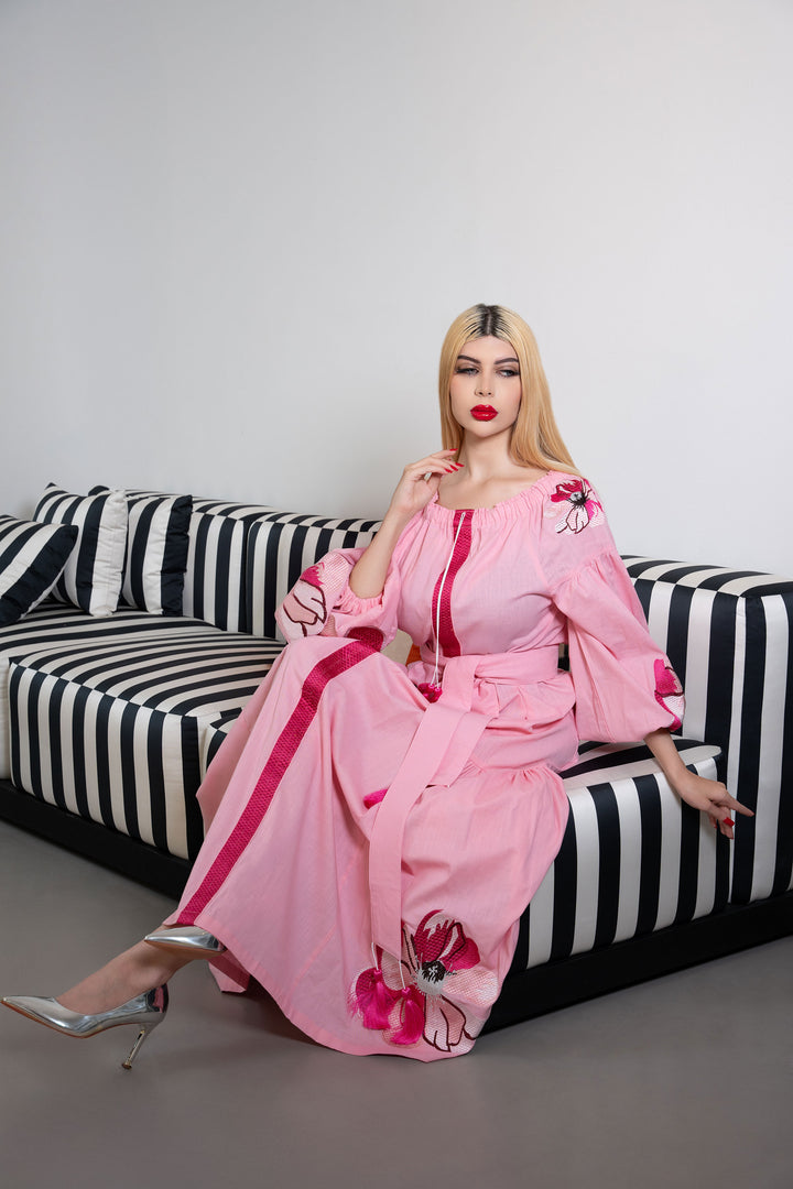 Off-Shoulder Embroidered Maxi Dress with Tassel Belt – ROSA