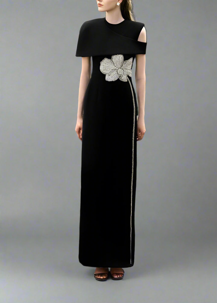 One-shoulder column dress with floral embellishment - OBSIDIAN