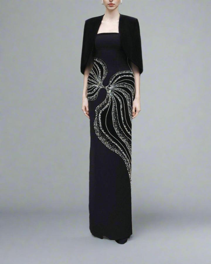 Strapless Column Dress with Velvet Cape - Leslie