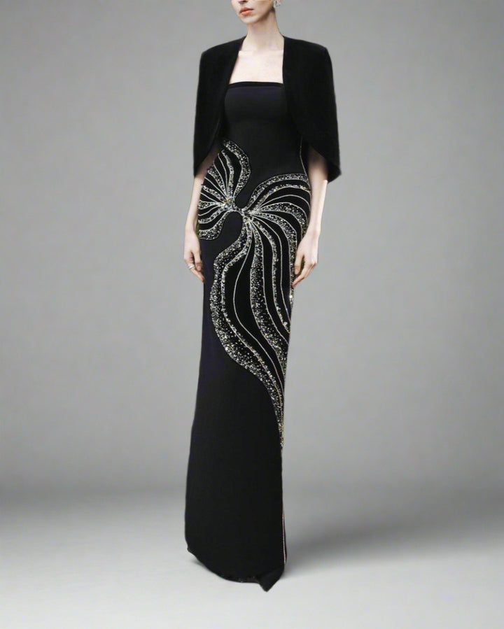 Strapless Column Dress with Velvet Cape - Leslie