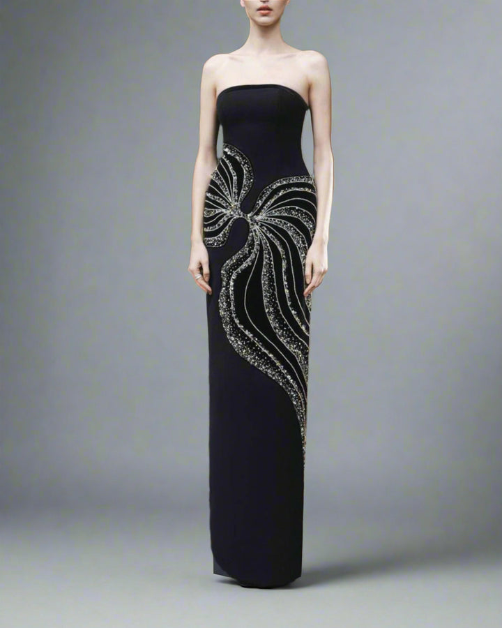 Strapless Column Dress with Velvet Cape - Leslie