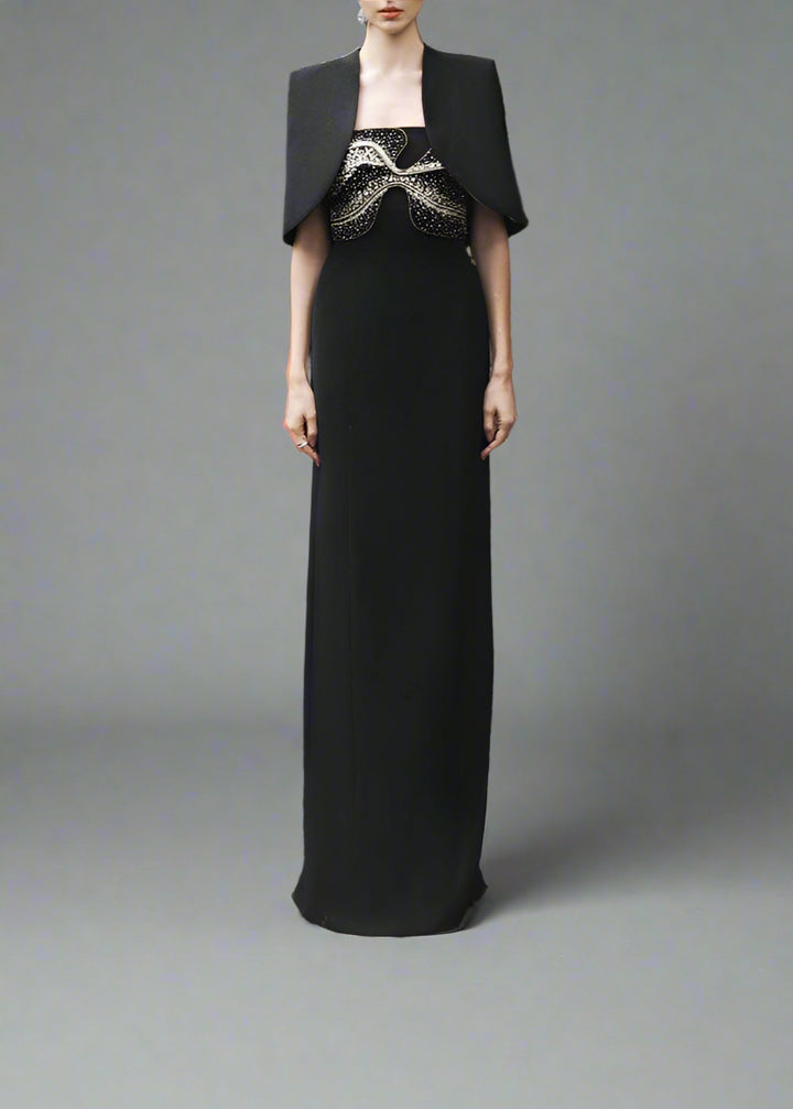 Strapless Column Dress with Embellished Cape - AURA