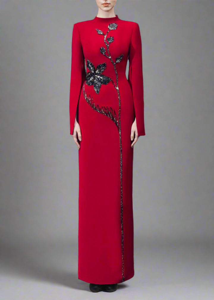 Long-sleeve column dress with floral sequin embellishment - Cecilia