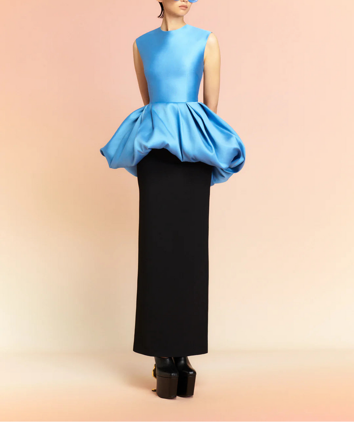 sleeveless column dress with sculpted bubble peplum – AURELIA