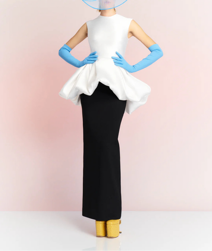 sleeveless column dress with sculpted bubble peplum – AURELIA