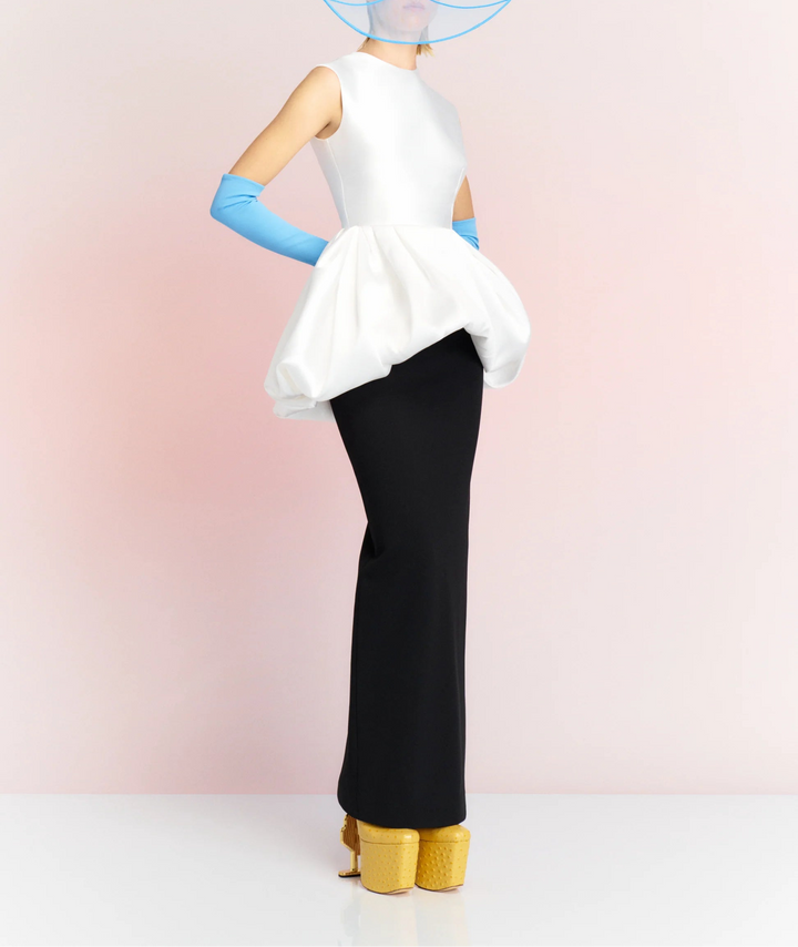 sleeveless column dress with sculpted bubble peplum – AURELIA