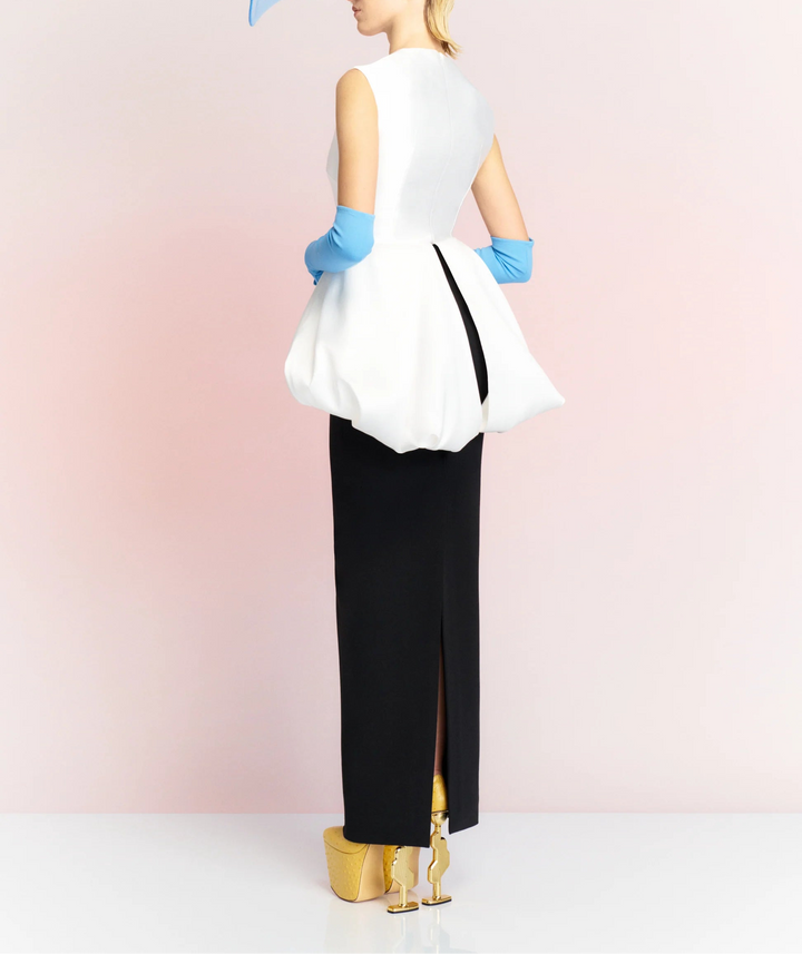 sleeveless column dress with sculpted bubble peplum – AURELIA