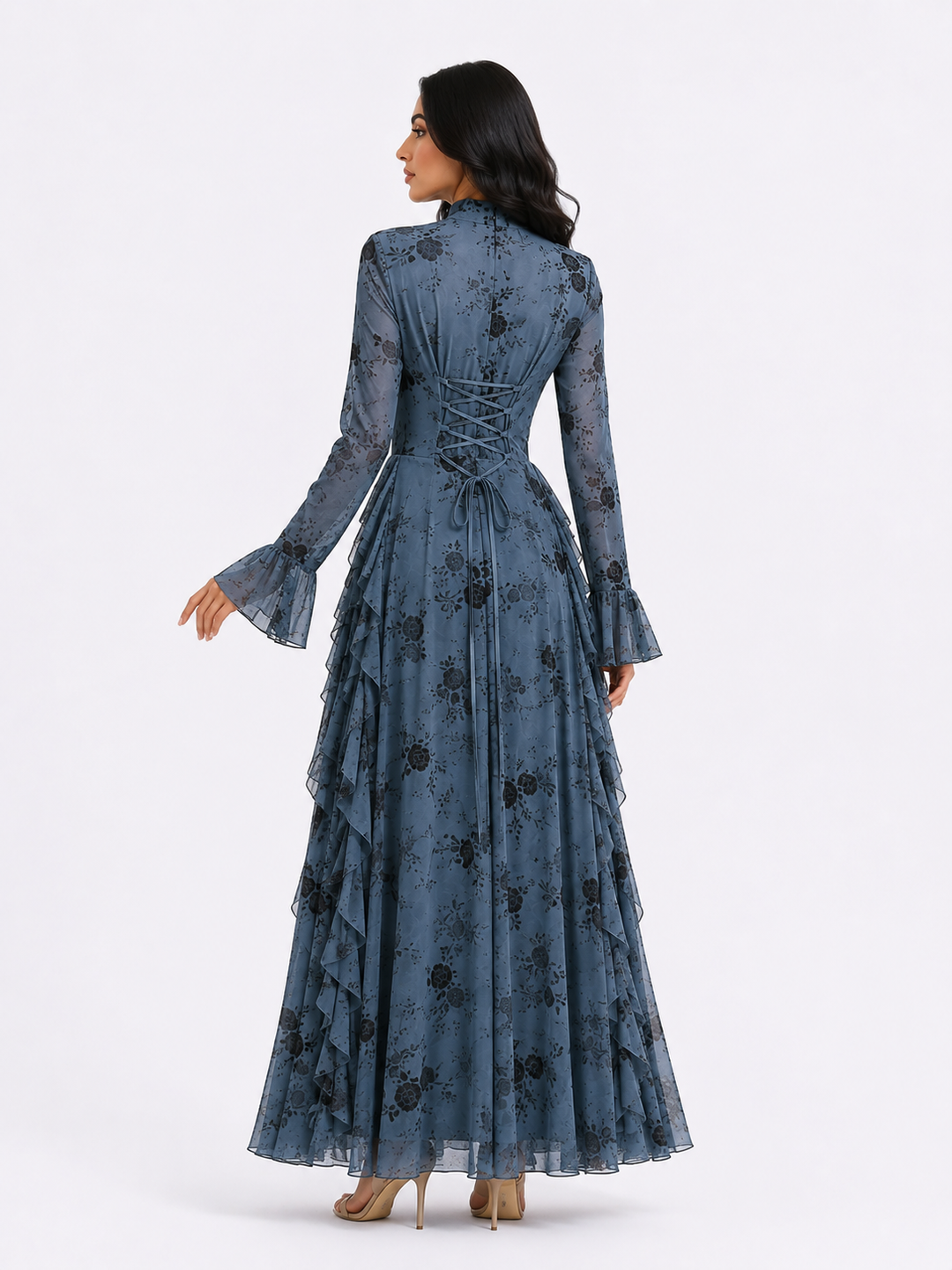 Floral Jacquard Ruffle Maxi Dress - Taupe