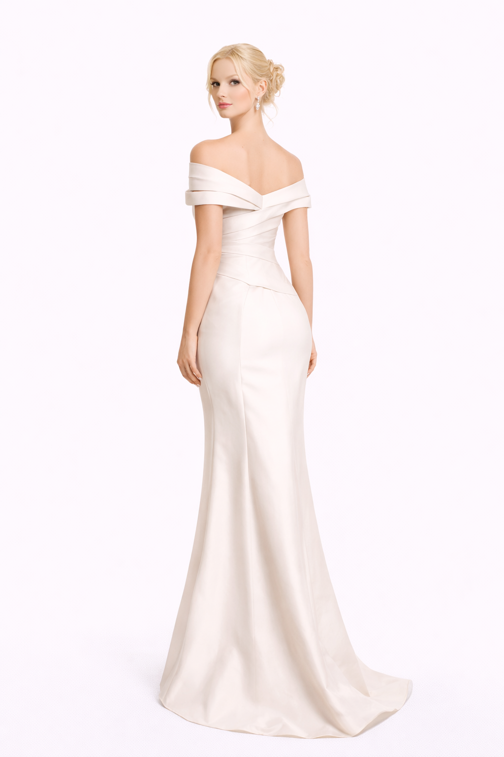 off-shoulder draped satin slit gown with waist detail – PEARL