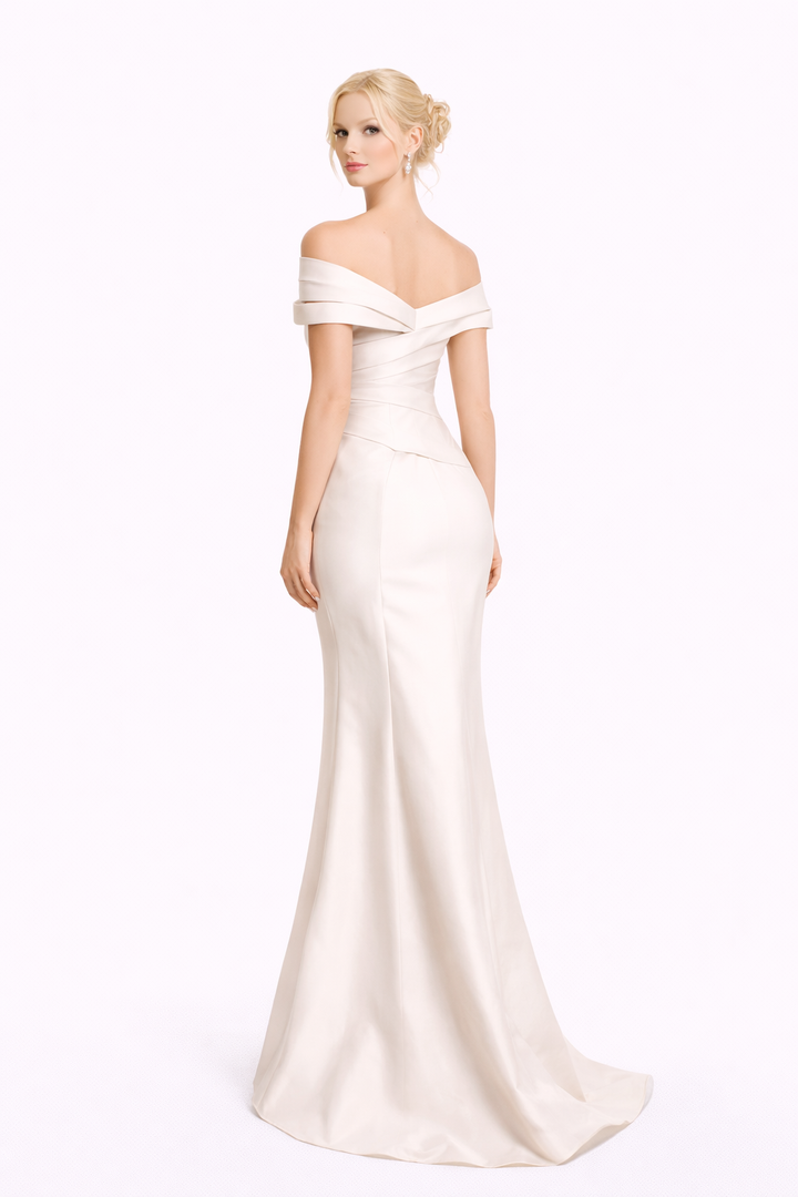 off-shoulder draped satin slit gown with waist detail – PEARL