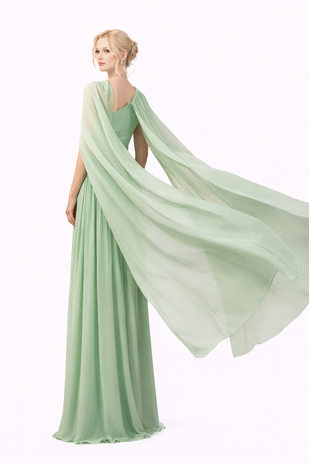 one-shoulder pleated gown with flowing chiffon cape – MINTARA