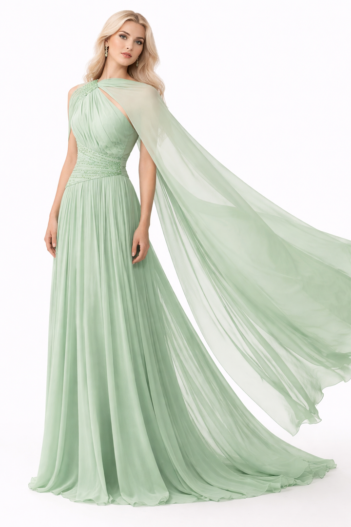 one-shoulder pleated gown with flowing chiffon cape – MINTARA