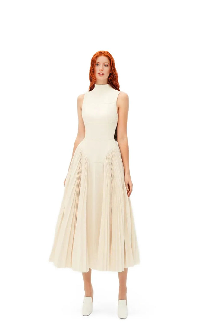 Sleeveless high-neck midi dress with pleated skirt – Jolian