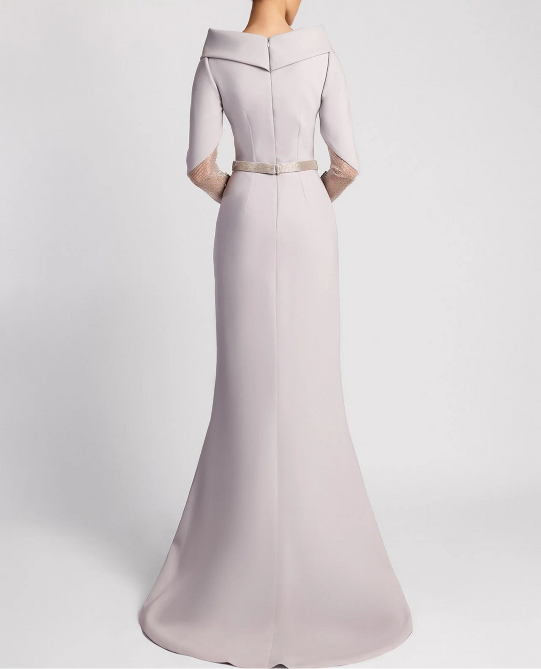 Off-shoulder gown with sheer embellished sleeves and slit – SELVI-1