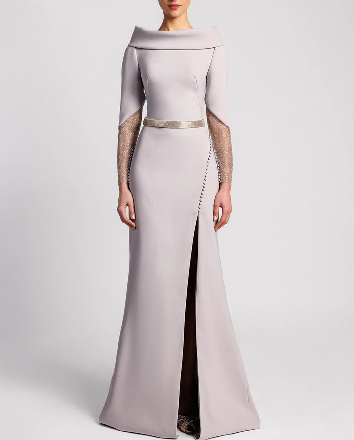 Off-shoulder gown with sheer embellished sleeves and slit – SELVI-1