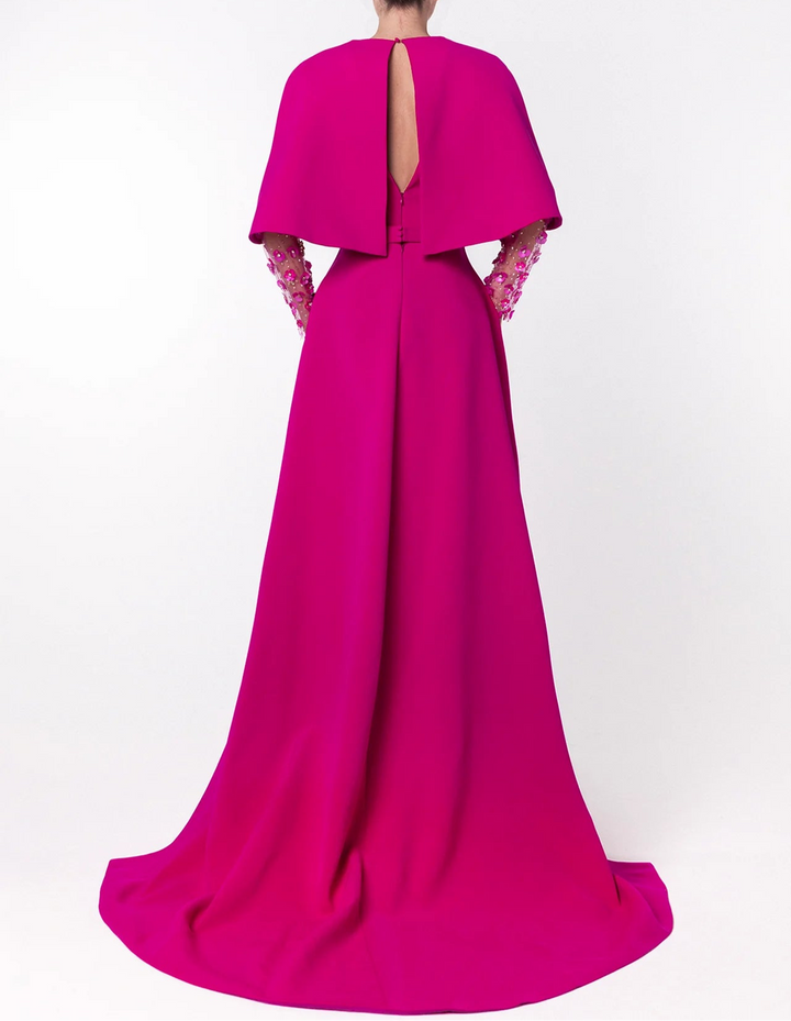 Plunging Neckline Gown with Sheer Embellished Sleeves and Draped Cape - SAPP