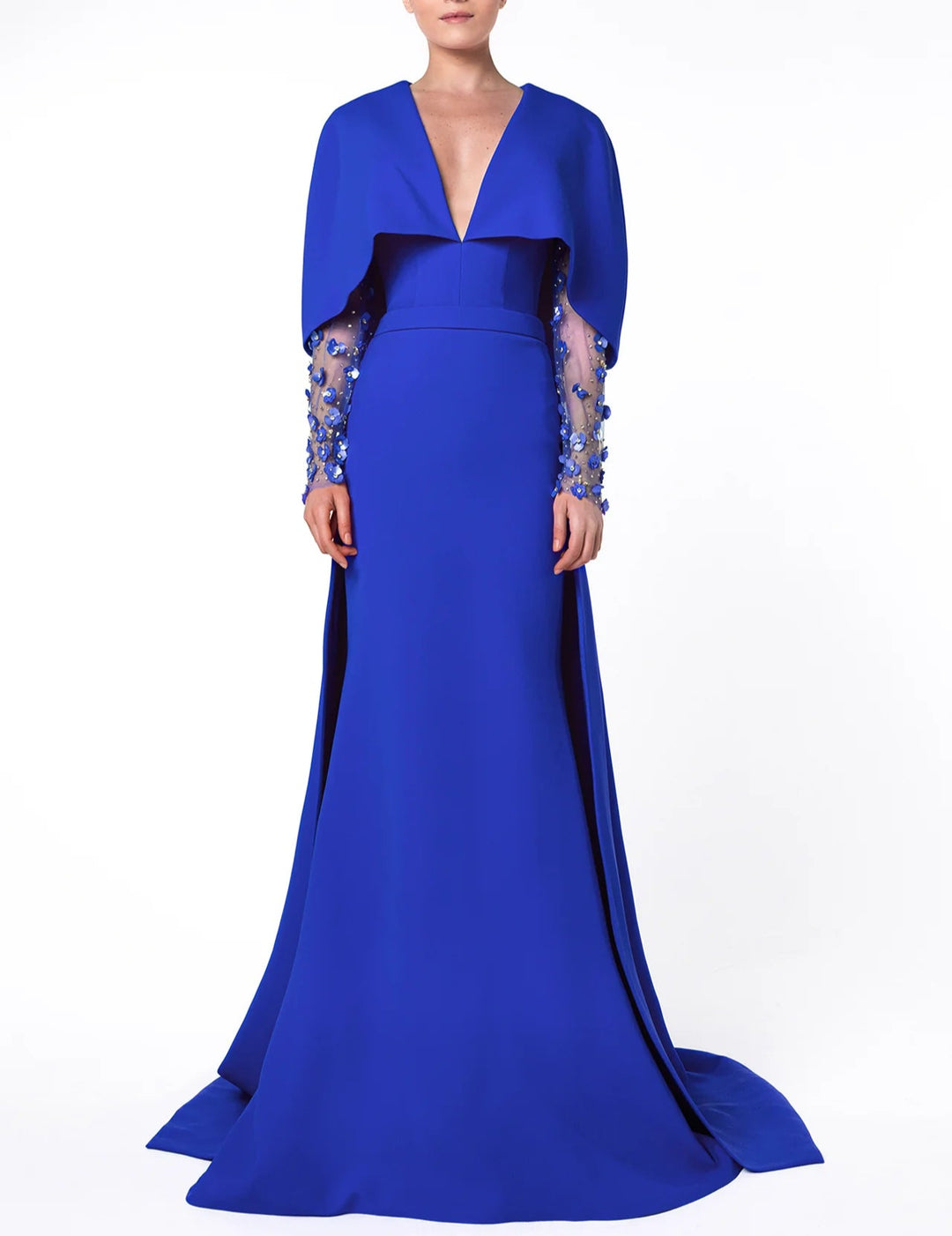Plunging Neckline Gown with Sheer Embellished Sleeves and Draped Cape - SAPP
