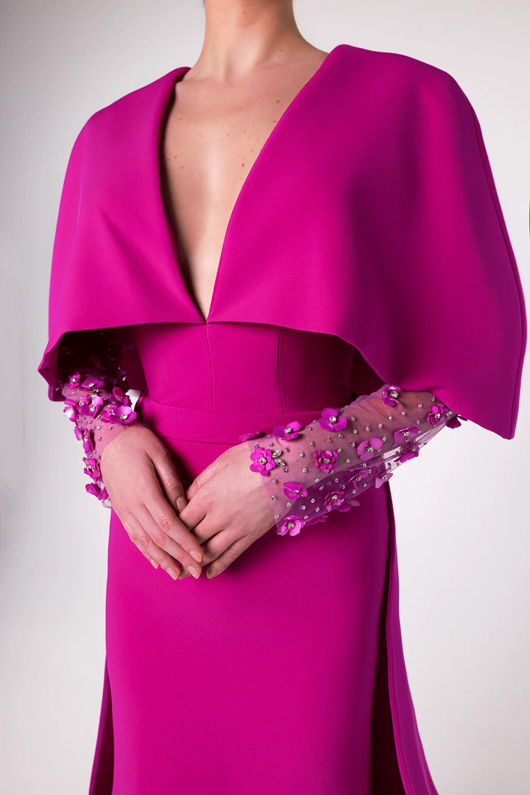 Plunging Neckline Gown with Sheer Embellished Sleeves and Draped Cape - SAPP