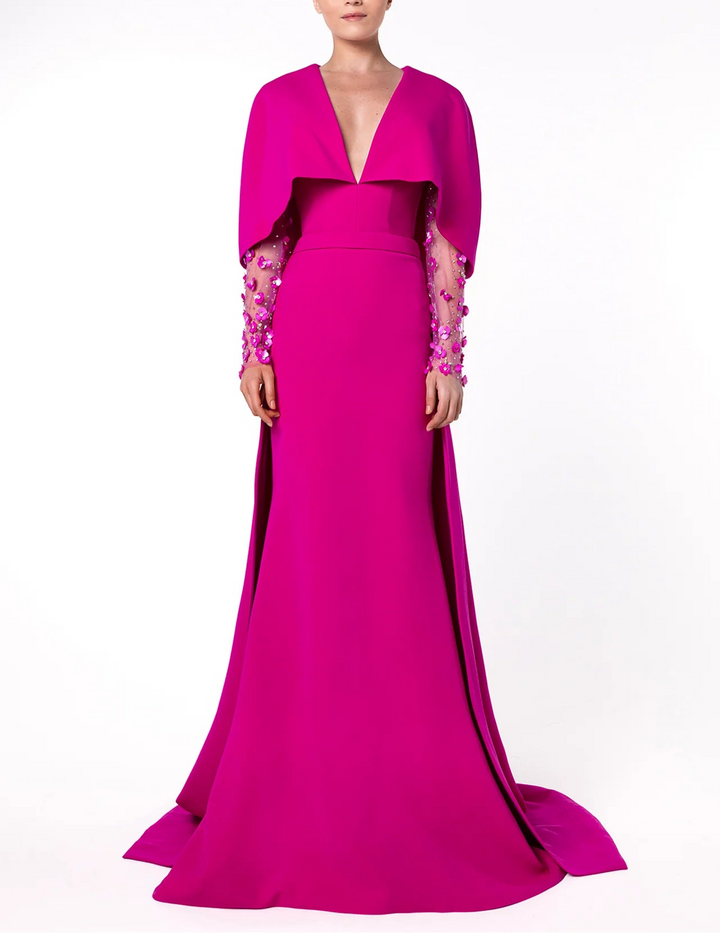 Plunging Neckline Gown with Sheer Embellished Sleeves and Draped Cape - SAPP