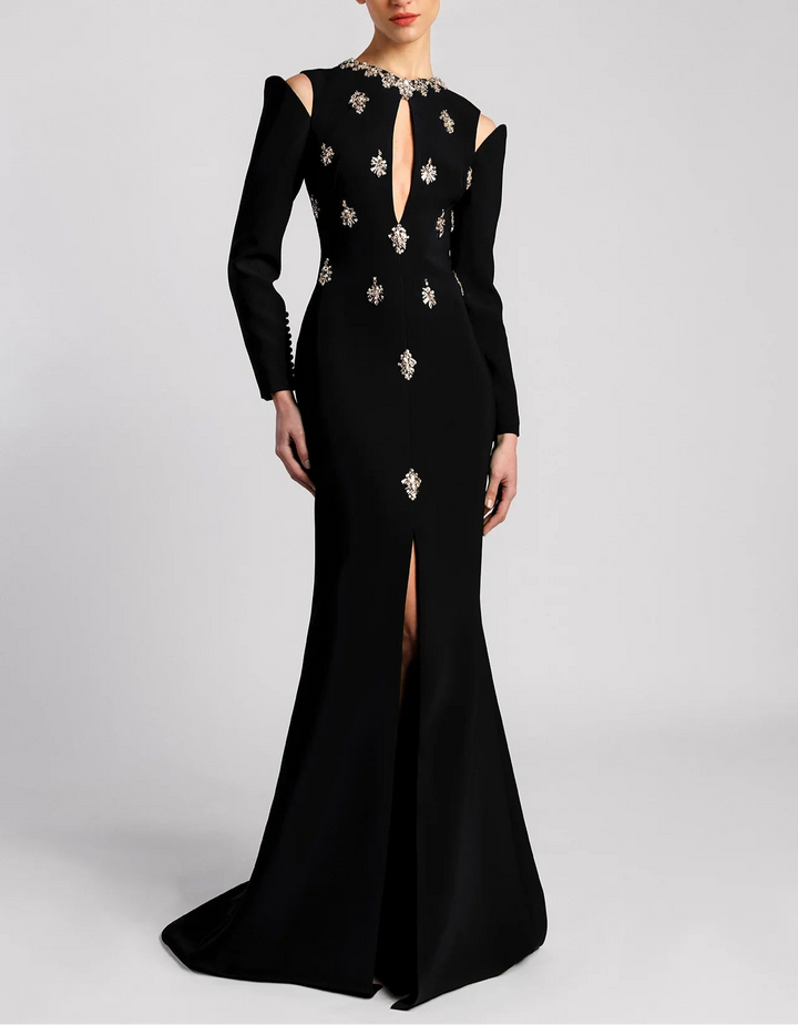 Long Sleeve Embellished Gown with Front Slit - NOIIR-1