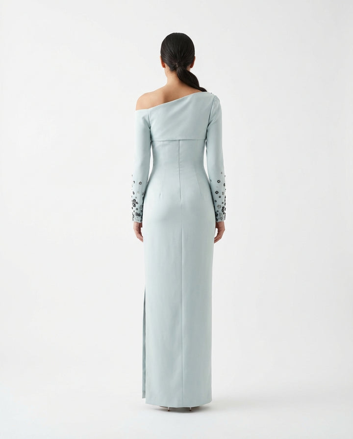 off-shoulder embellished column gown – AURA