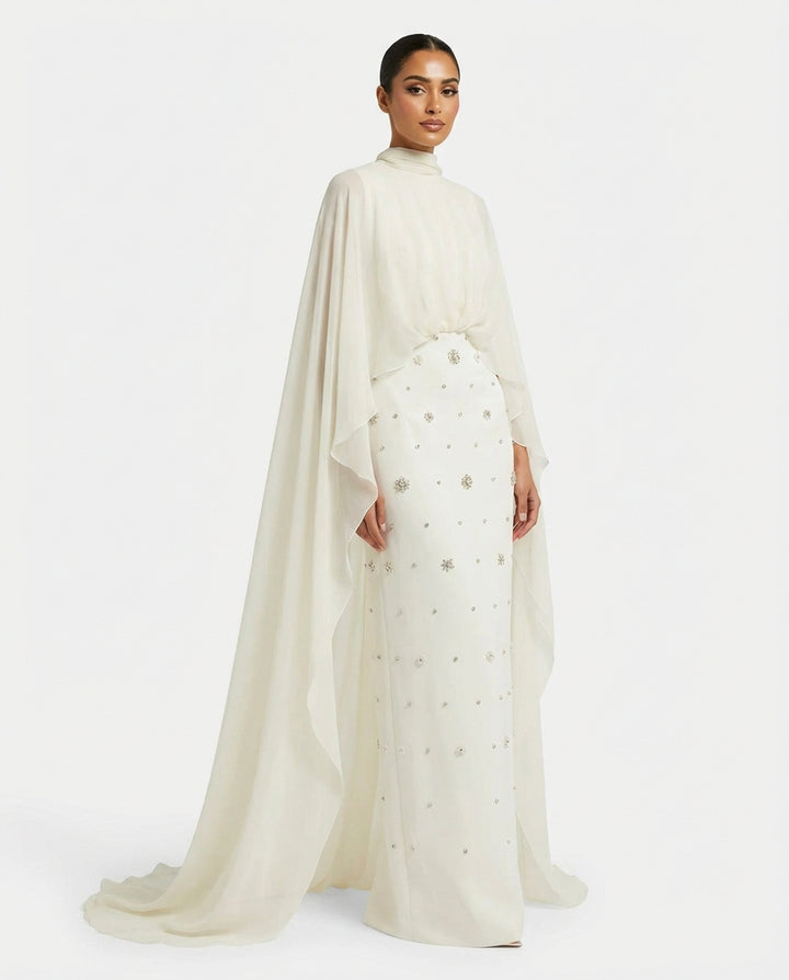 High-neck embellished column dress with layered cape - Mia