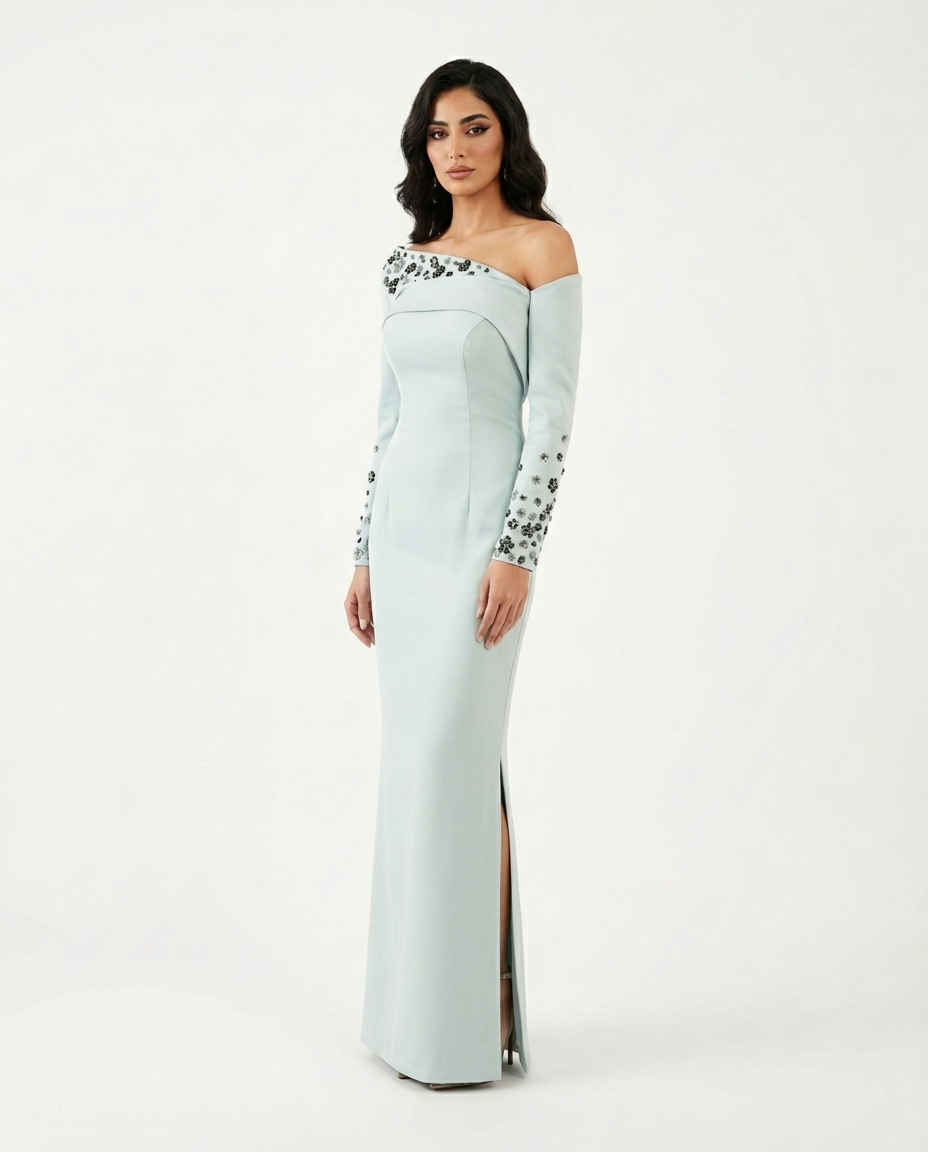 off-shoulder embellished column gown – AURA
