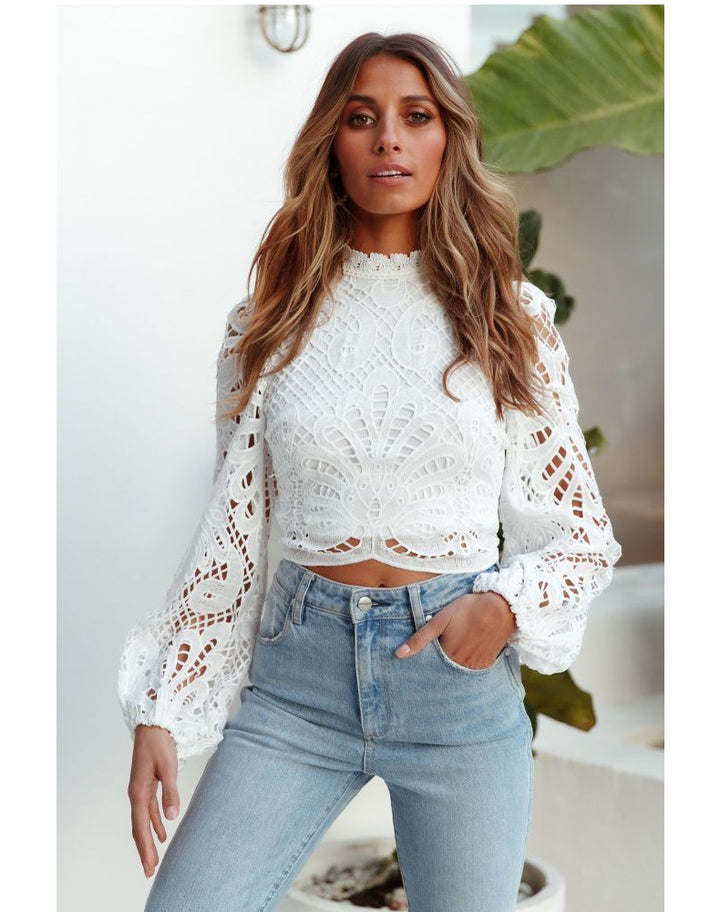 long sleeve lace crop top with balloon sleeves – Teodozia