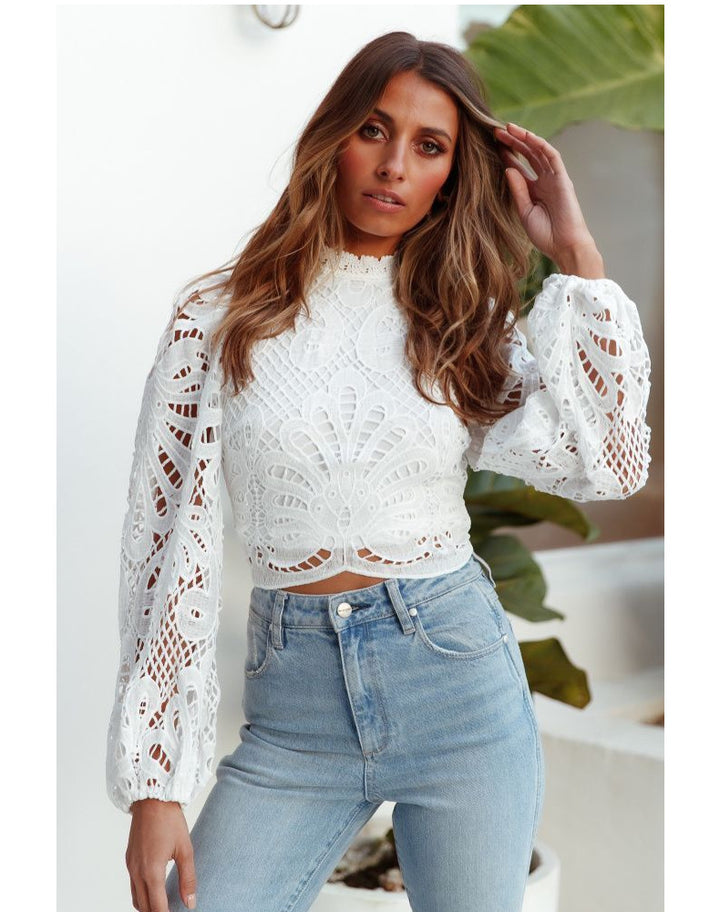long sleeve lace crop top with balloon sleeves – Teodozia