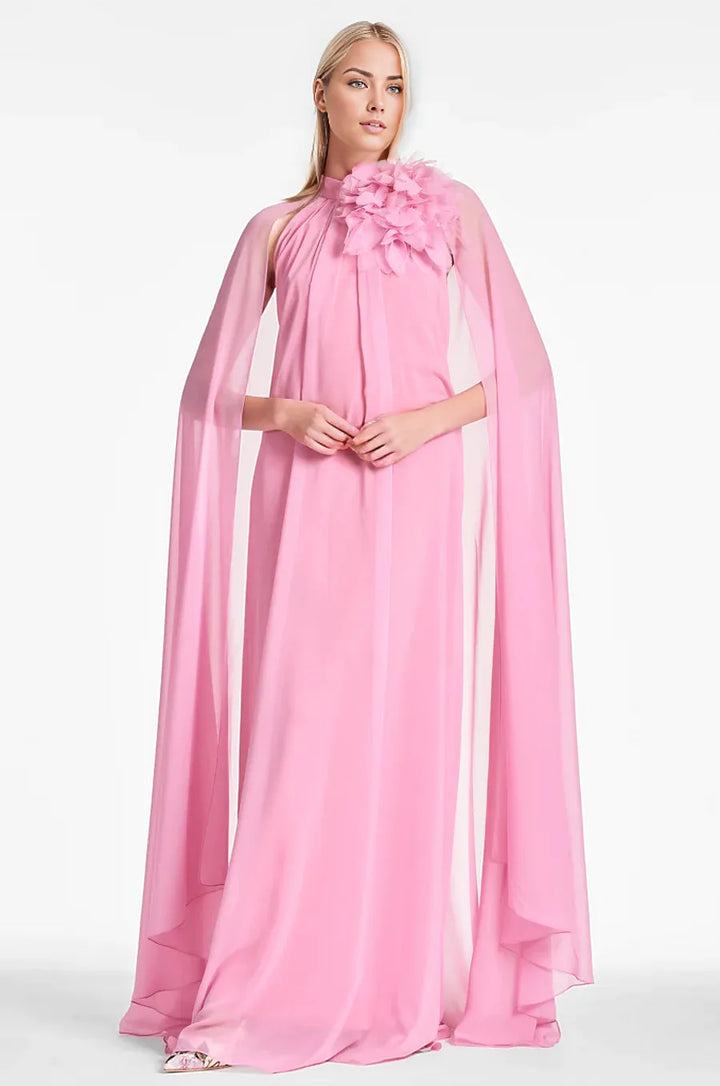 Cape gown with floral applique neckline –Royah