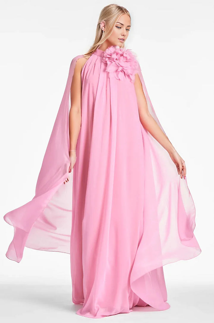Cape gown with floral applique neckline –Royah