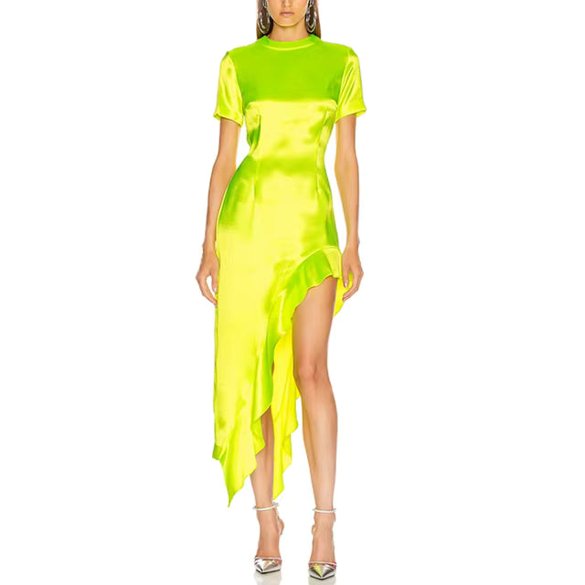 Short-sleeve satin midi dress with asymmetric ruffle hem – LIMEA