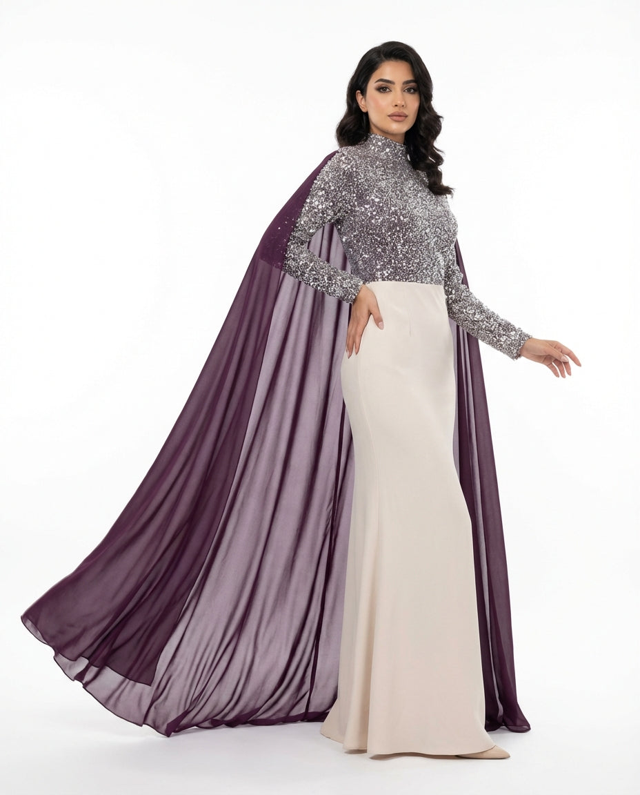 embellished high-neck maxi dress with flowing chiffon cape – ASHREF