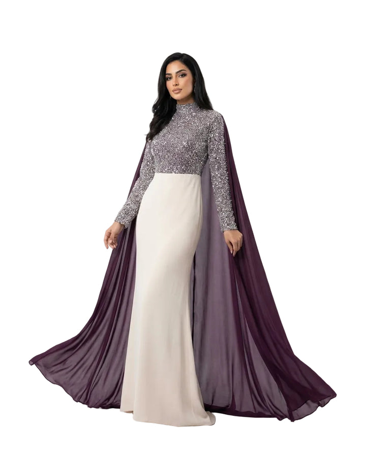 embellished high-neck maxi dress with flowing chiffon cape – ASHREF