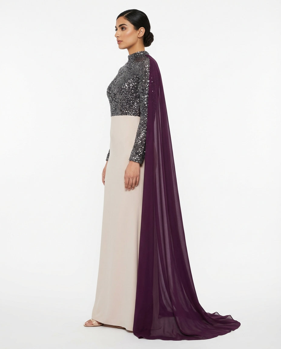 embellished high-neck maxi dress with flowing chiffon cape – ASHREF