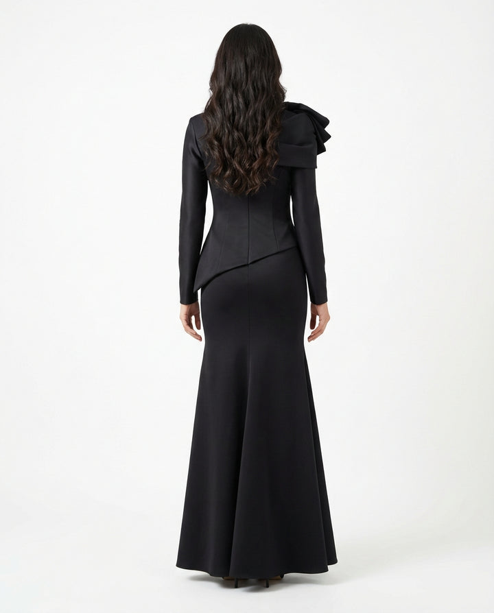 asymmetric structured peplum maxi dress with sculpted shoulder detail – ECLIPSE