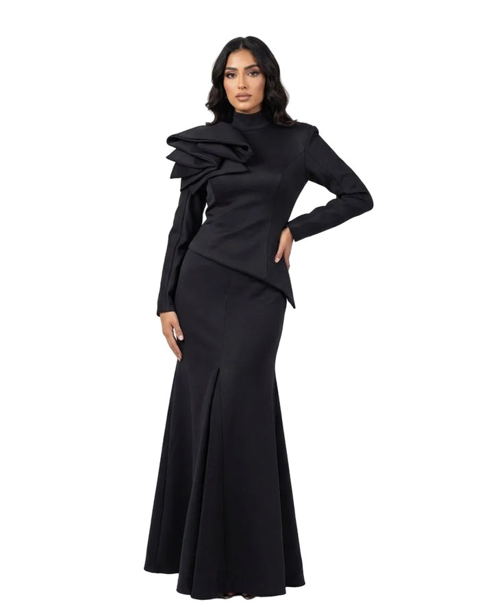 asymmetric structured peplum maxi dress with sculpted shoulder detail – ECLIPSE