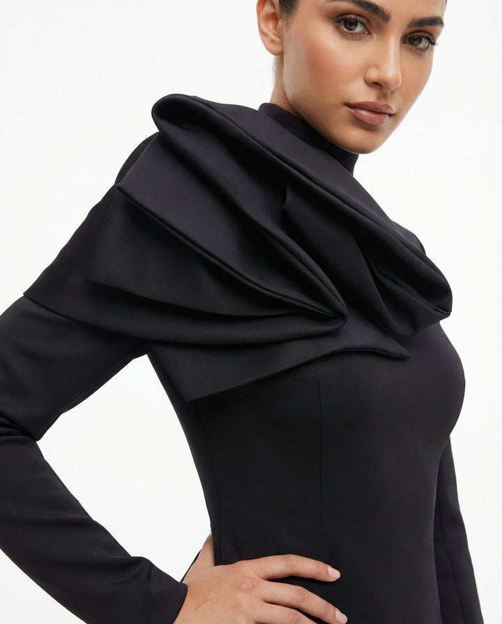 asymmetric structured peplum maxi dress with sculpted shoulder detail – ECLIPSE