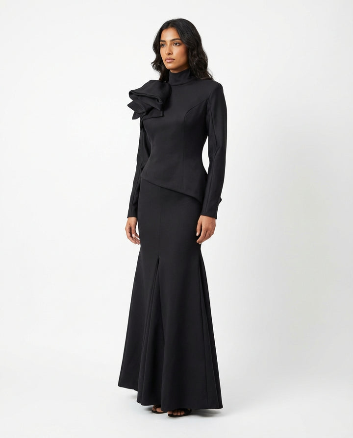 asymmetric structured peplum maxi dress with sculpted shoulder detail – ECLIPSE