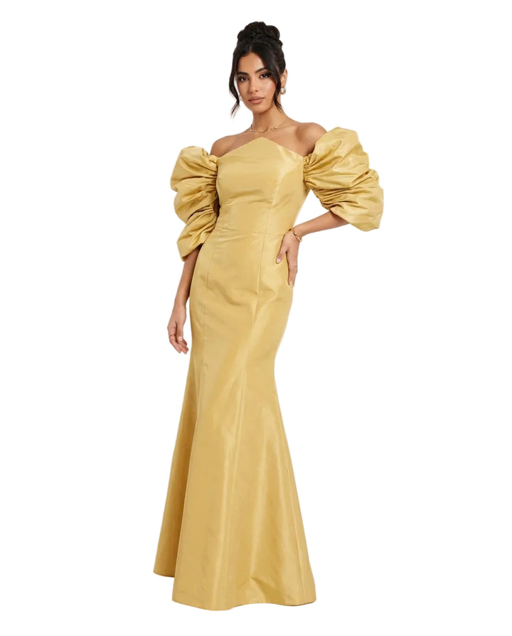 off-shoulder satin mermaid maxi dress with puff sleeves – AURELIA