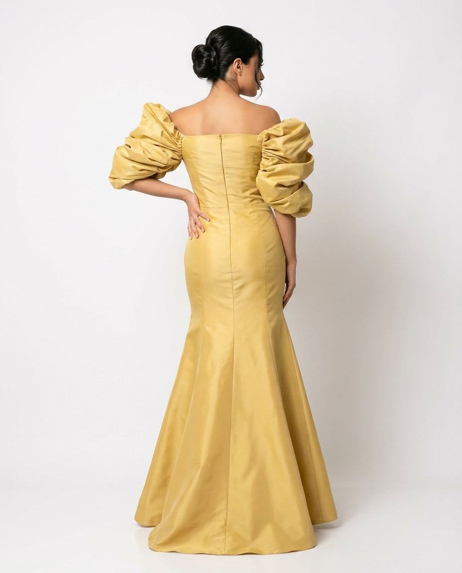 off-shoulder satin mermaid maxi dress with puff sleeves – AURELIA
