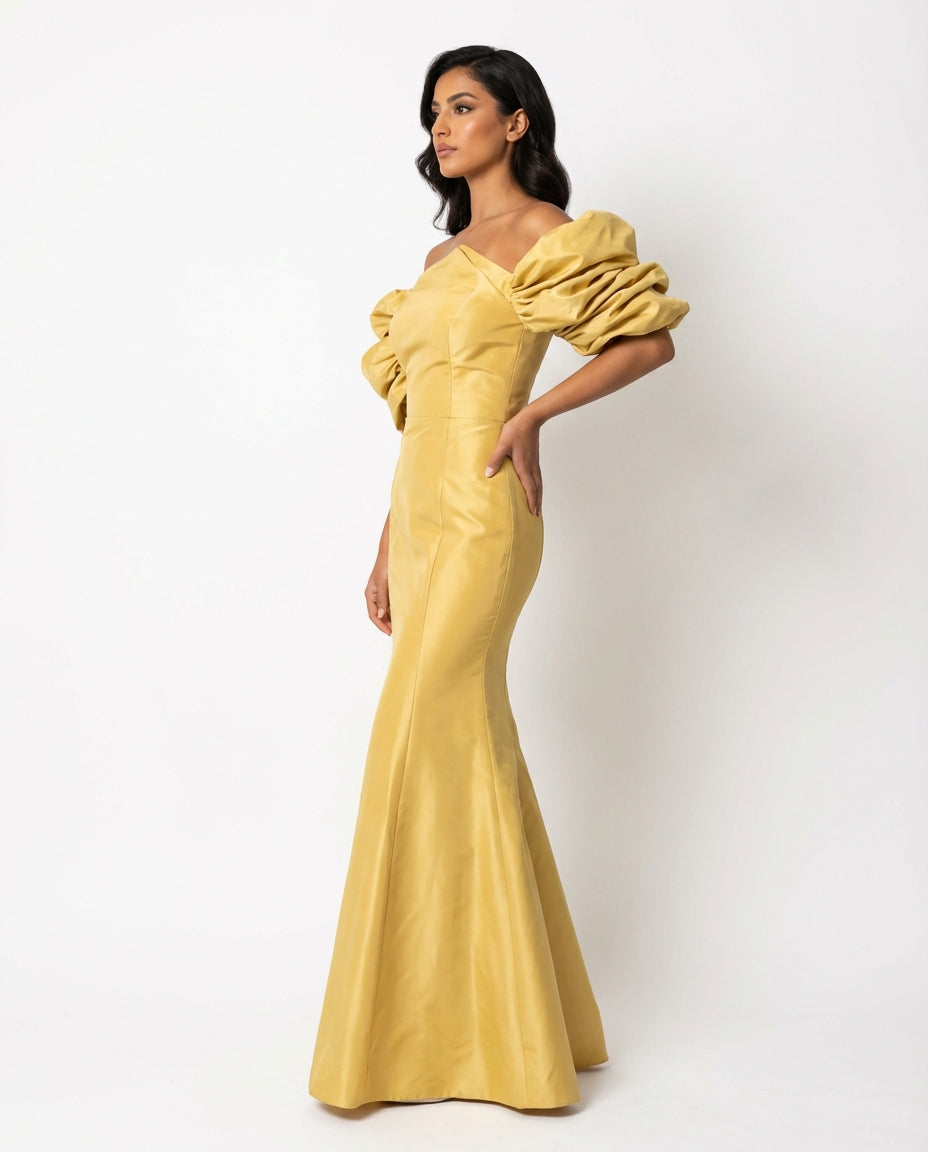 off-shoulder satin mermaid maxi dress with puff sleeves – AURELIA